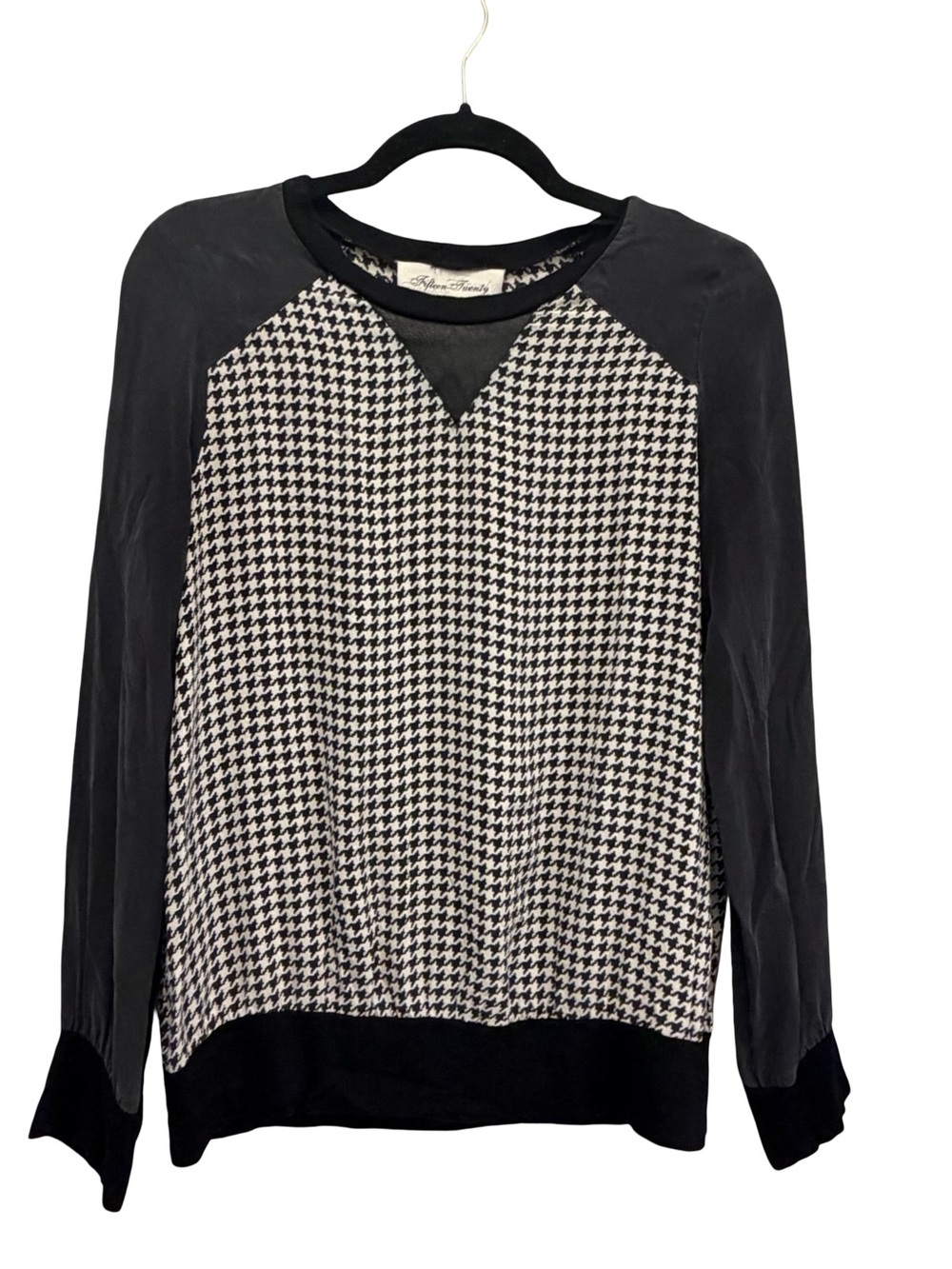 FIFTEEN TWENTY Silk Houndstooth Mixed Media Blouse Black Contrast Sleeve Top M